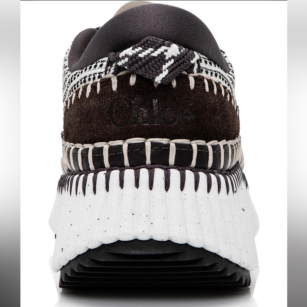 Chloe Nama Woven Stitch-Trim Platform Sneaker Size 38 White Black & Brown NIB - Picture 14 of 17